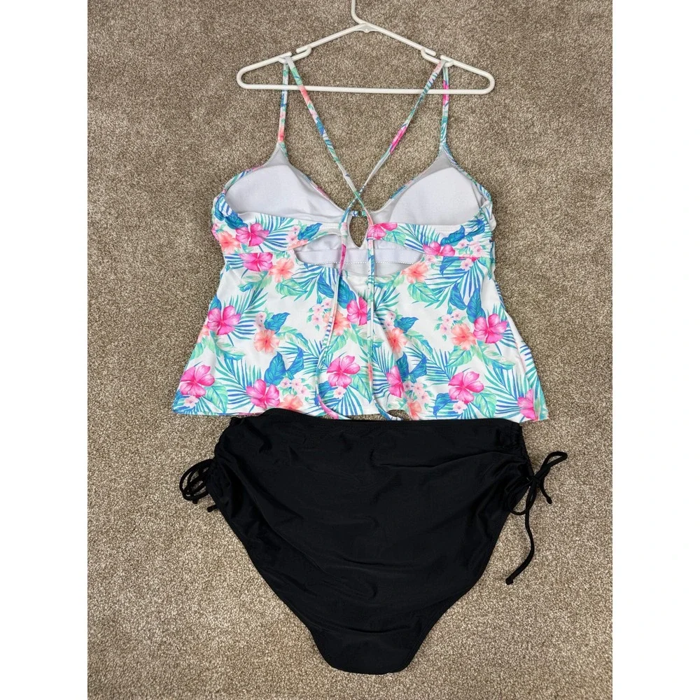 Decree Womens XL‎ Tropical Floral Tankini Set High Waist Ruched Bottoms 2pc Swim